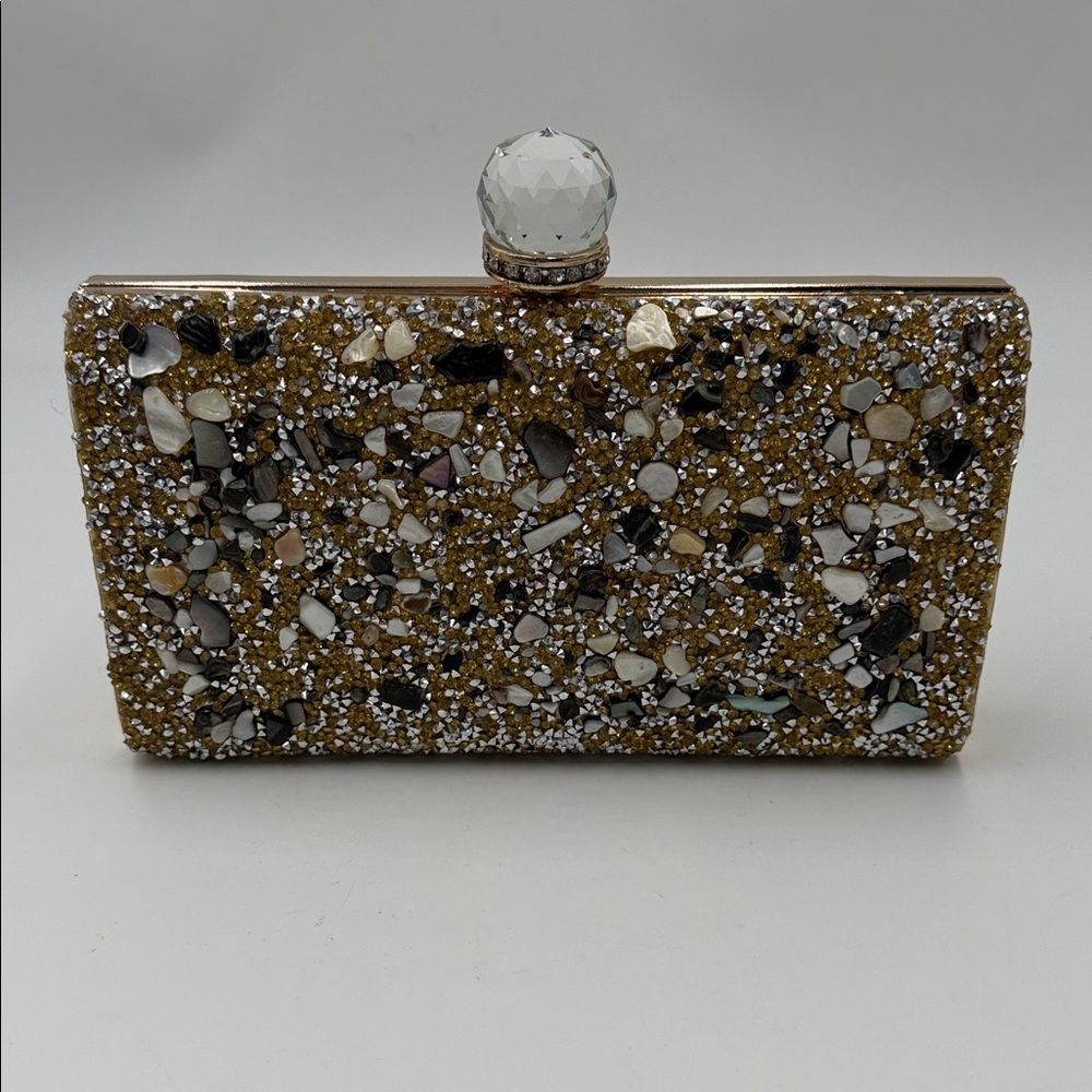 Elegant Black Gold and Silver Rhinestone Clutch